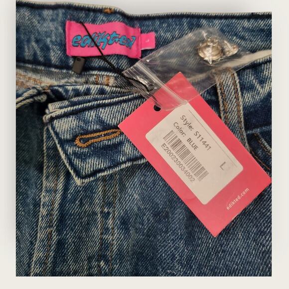 Edikted Jeans Women's Size L Blue Raquel Folded Distressed Straight Mid-Rise NWT - Picture 5 of 9